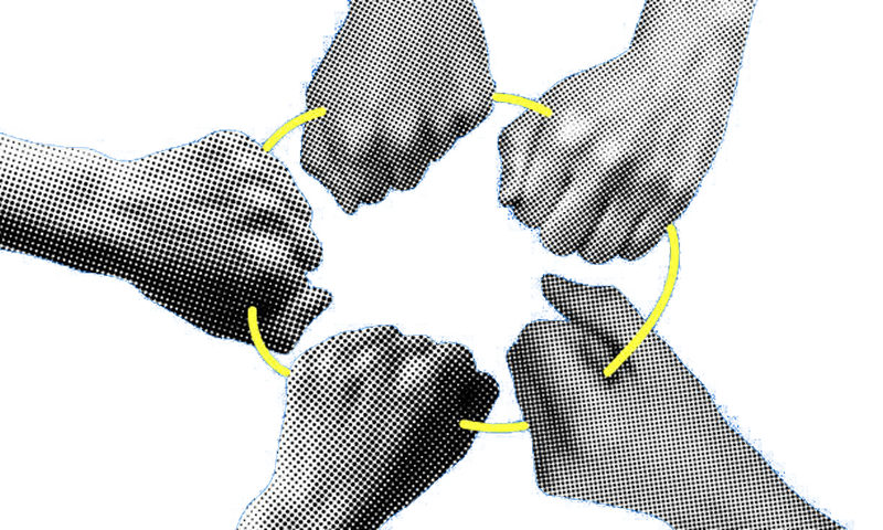 5 hands connecting with one yellow thread