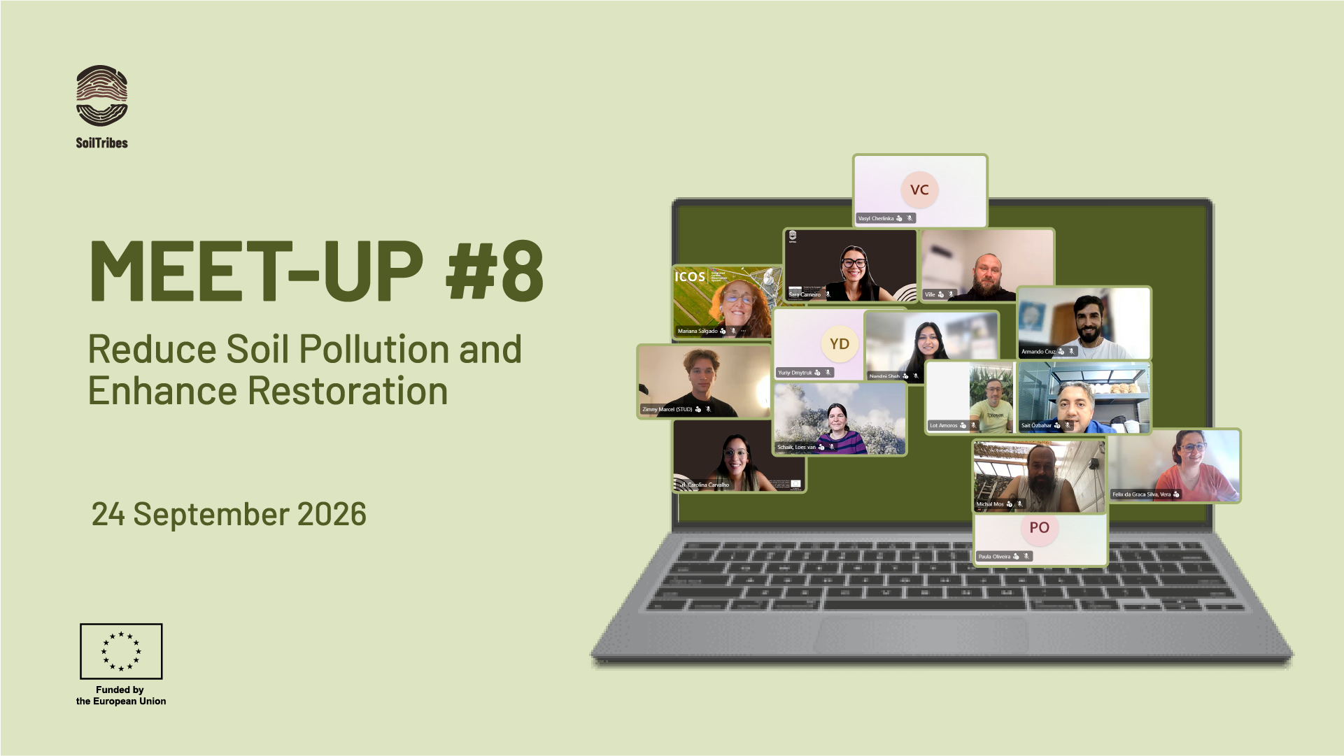 Visual about the 8th-Meet up of SoilTribes project, a laptop device is included displaying participants in an online meeting.