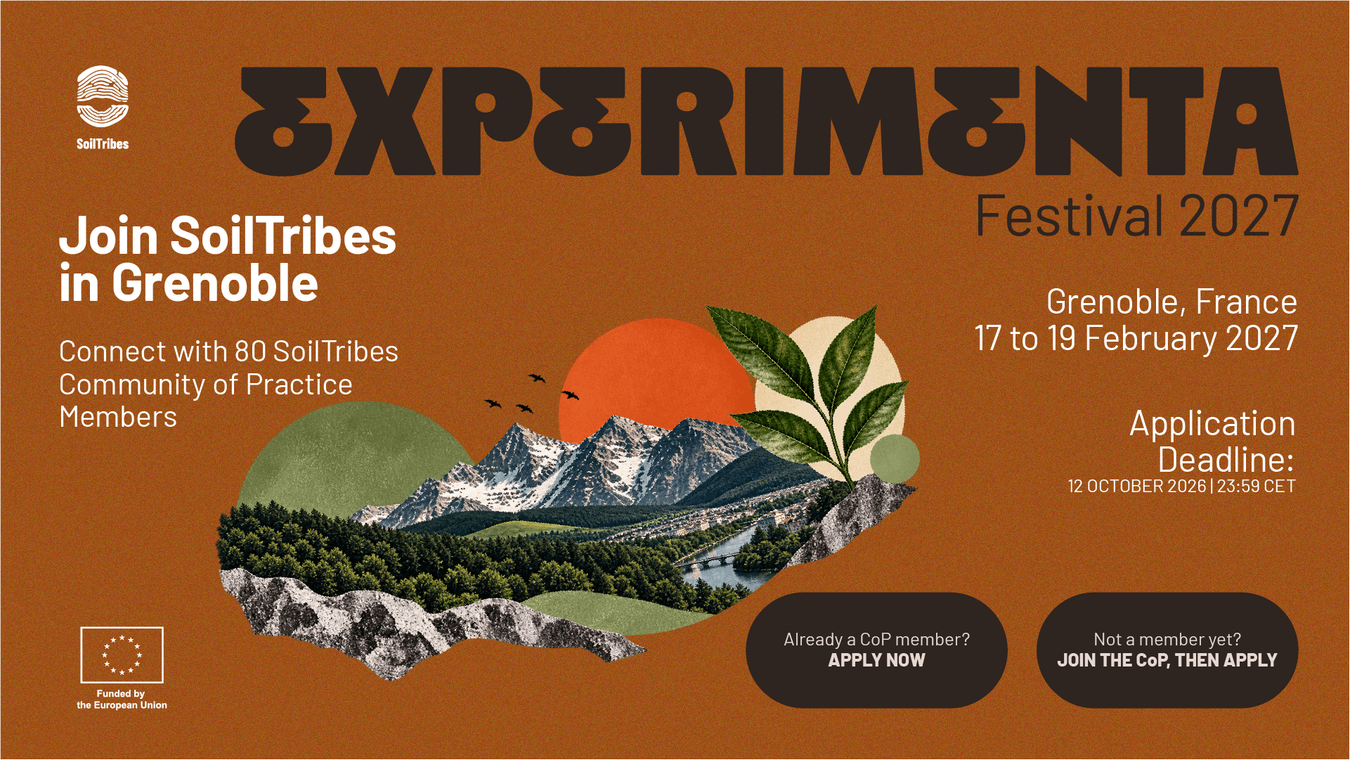 Promotional visual for EXPERIMENTA Festival 2027 in Grenoble, France, taking place 17–19 February 2027.The design features a collage of Grenoble’s mountain landscape, leaves, and SoilTribes branding.