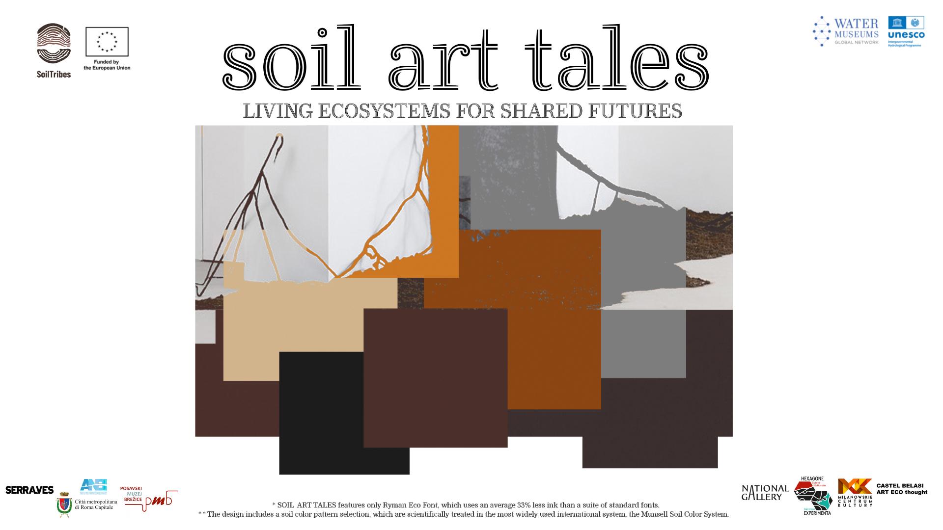 Promotional poster for “Soil Art Tales: Living Ecosystems for Shared Futures,” featuring abstract soil-inspired artwork with branching root-like patterns.