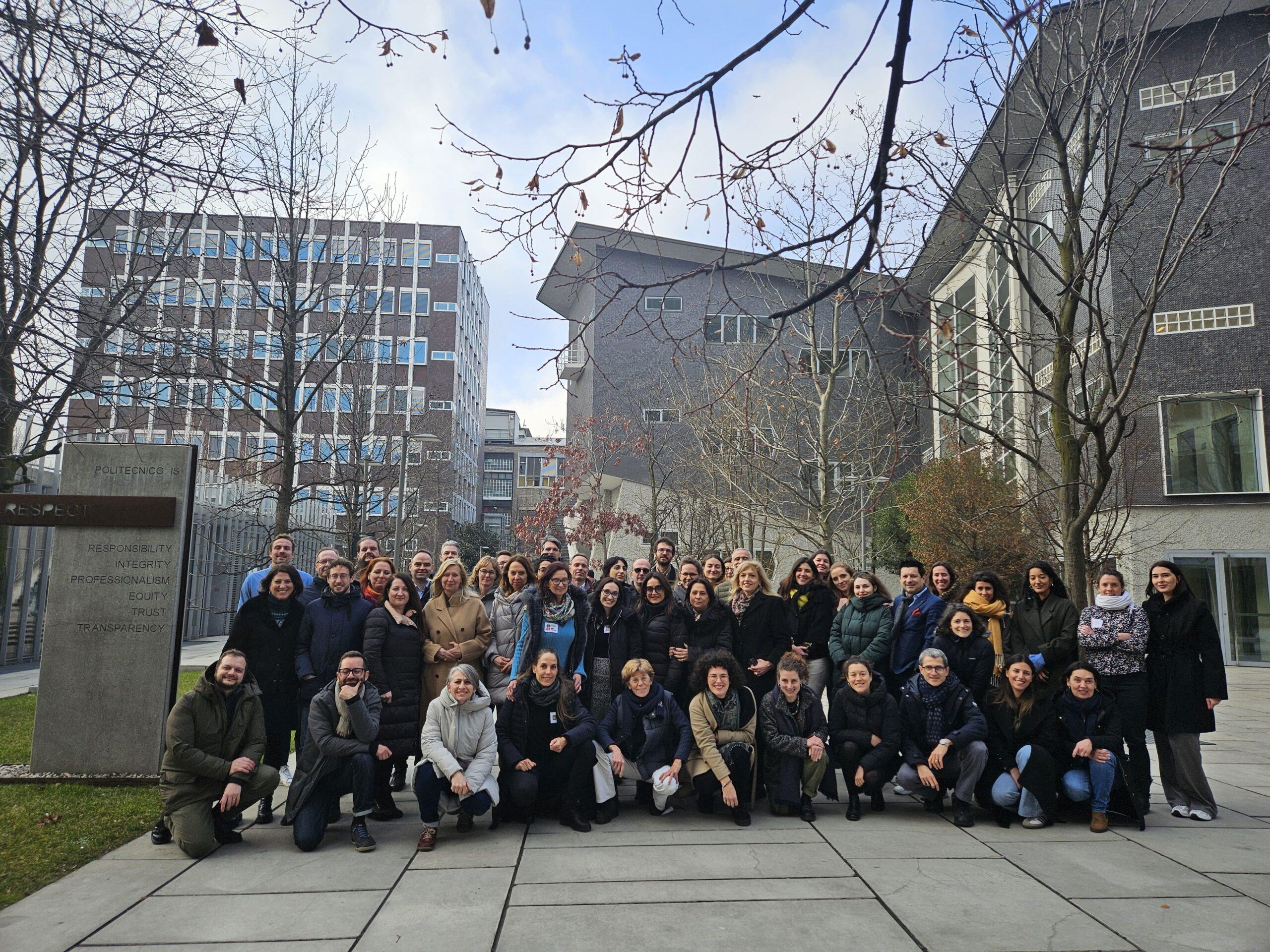 A group photo with all the members of the SoilTribes Consortium outside of the Politecnico Milano during the Kick-off meeting.
