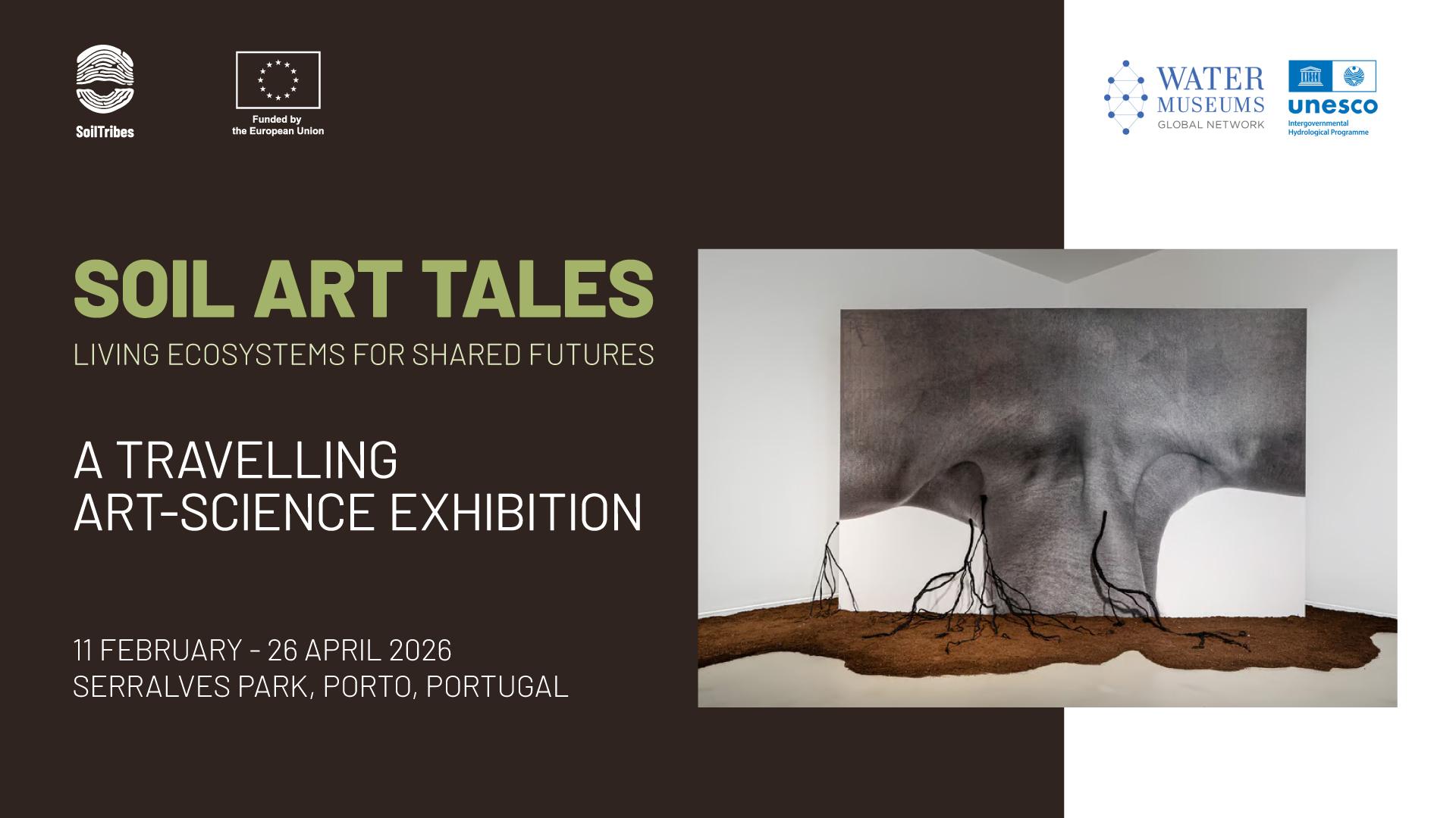 Visual promoting the Living Ecosystems for Share Futures exhibition with logos of European Union, Soiltribes project and WAMU-net