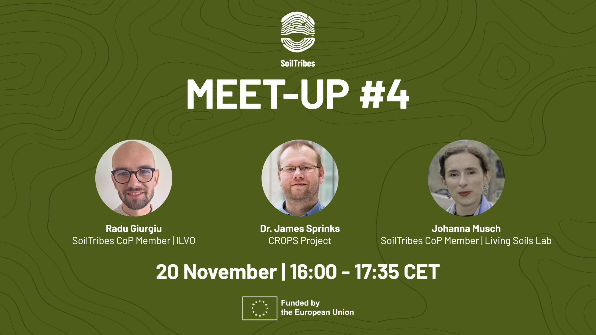 Promotional banner for SoilTribes MEET-UP #4 featuring speakers Radu Giurgiu (ILVO), Dr. James Sprinks (CROPS Project), and Johanna Musch (Living Soils Lab). Event date: 20 November, 16:00–17:35 CET.