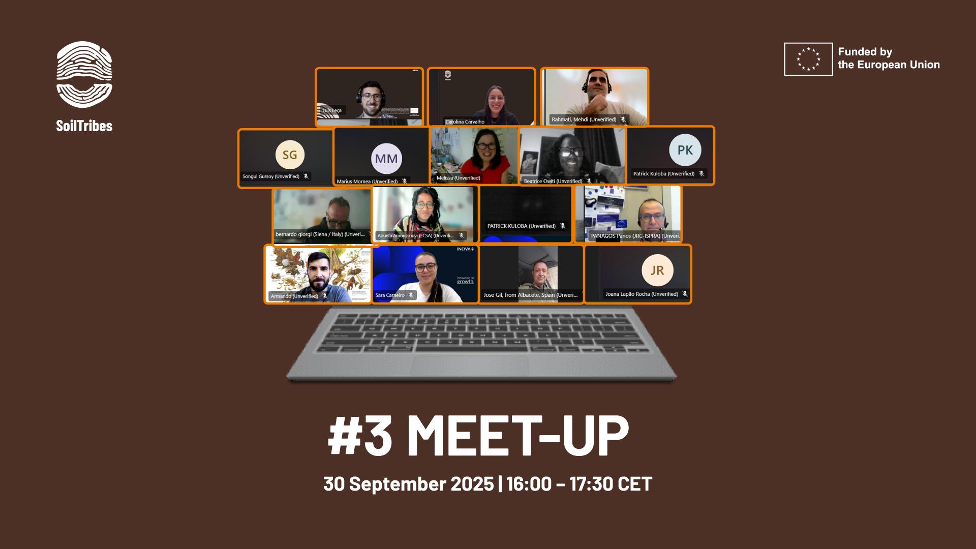 Promotional graphic for the "#3 MEET-UP" virtual event organized by SoilTribes and funded by the European Union. The background is displaying a grid of participant video icons. Event details include the date "30 September 2025" and time "16:00 – 17:30 CET."