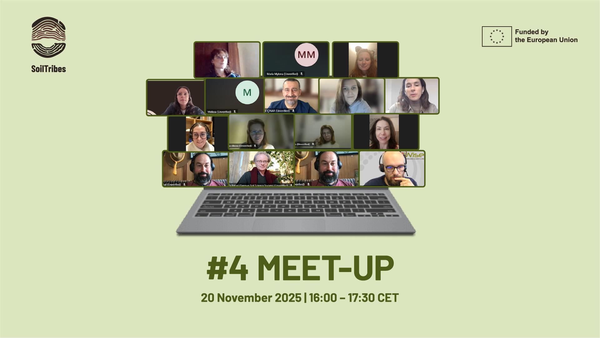 Promotional graphic for the "#4 MEET-UP" online event organized by SoilTribes and funded by the European Union. The design features a stylized laptop displaying a collage of 18 video call participants, some labeled with names and affiliations.